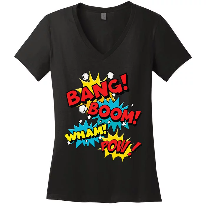 Bang Boom Pow Wham Comic Bubbles Women's V-Neck T-Shirt