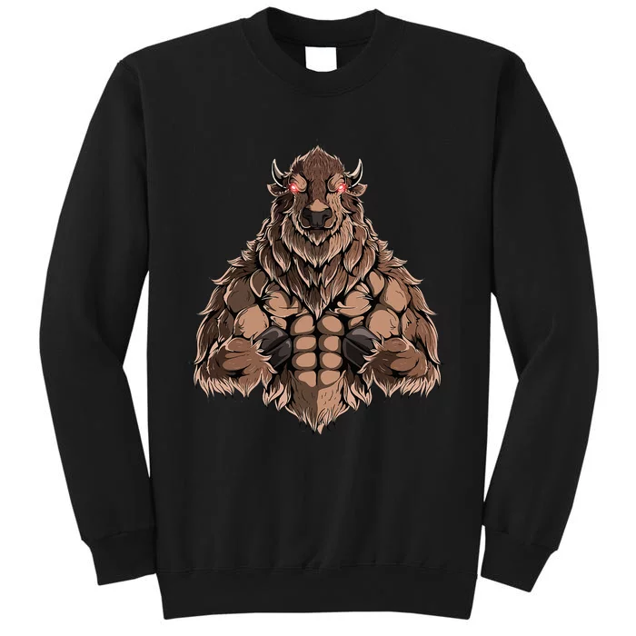 Bison Buffalo Powerlifter Workout Gym Installing Muscles Tall Sweatshirt