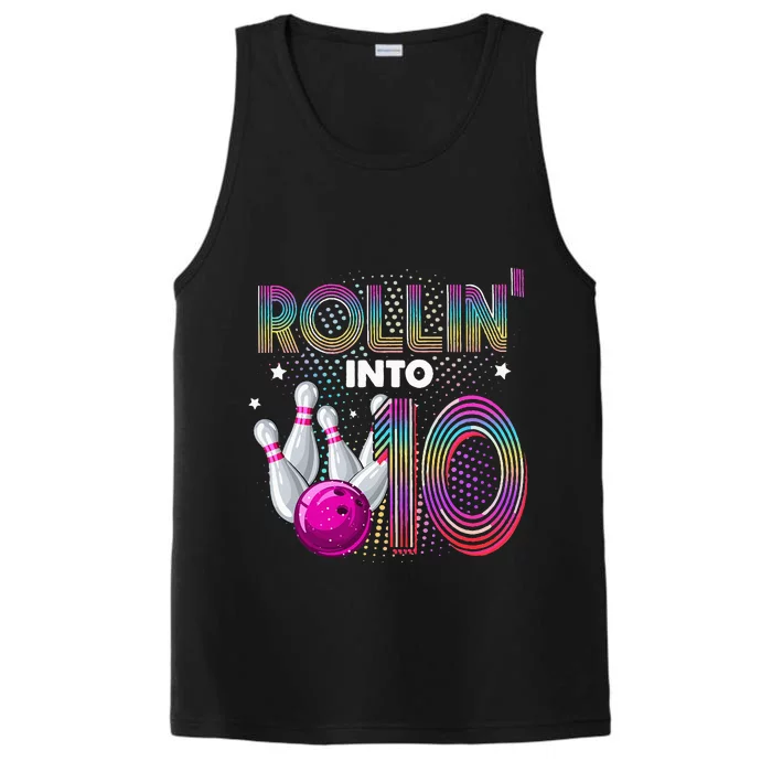 Bowling Birthday Party Rollin Into 10 10th Birthday Vintage Performance Tank