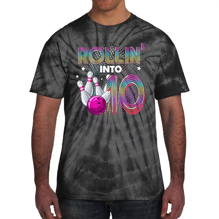 Bowling Birthday Party Rollin Into 10 10th Birthday Vintage Tie-Dye T-Shirt