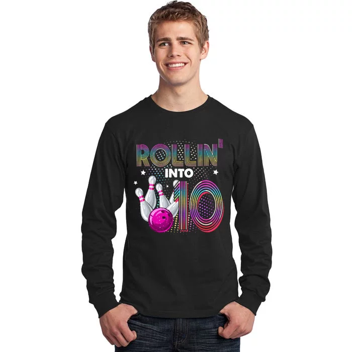 Bowling Birthday Party Rollin Into 10 10th Birthday Vintage Tall Long Sleeve T-Shirt