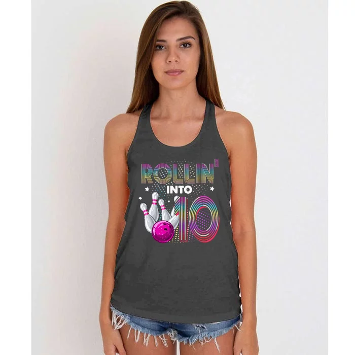 Bowling Birthday Party Rollin Into 10 10th Birthday Vintage Women's Knotted Racerback Tank