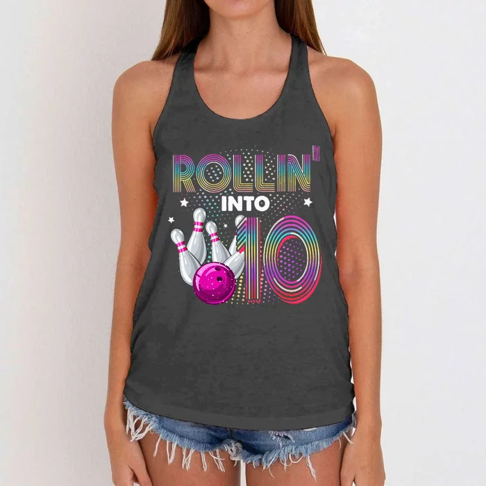 Bowling Birthday Party Rollin Into 10 10th Birthday Vintage Women's Knotted Racerback Tank