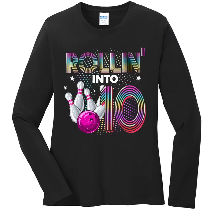 Bowling Birthday Party Rollin Into 10 10th Birthday Vintage Ladies Long Sleeve Shirt