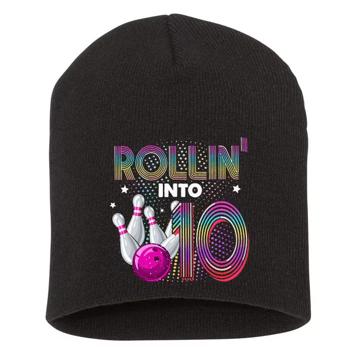 Bowling Birthday Party Rollin Into 10 10th Birthday Vintage Short Acrylic Beanie