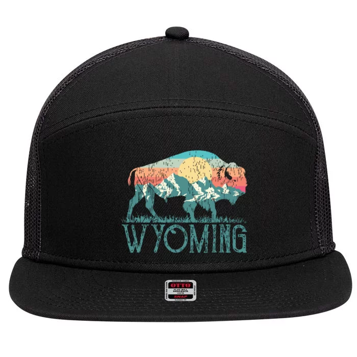 Bison Buffalo Retro Wyoming Wy Mountains Retro 7 Panel Mesh Trucker Snapback Hat