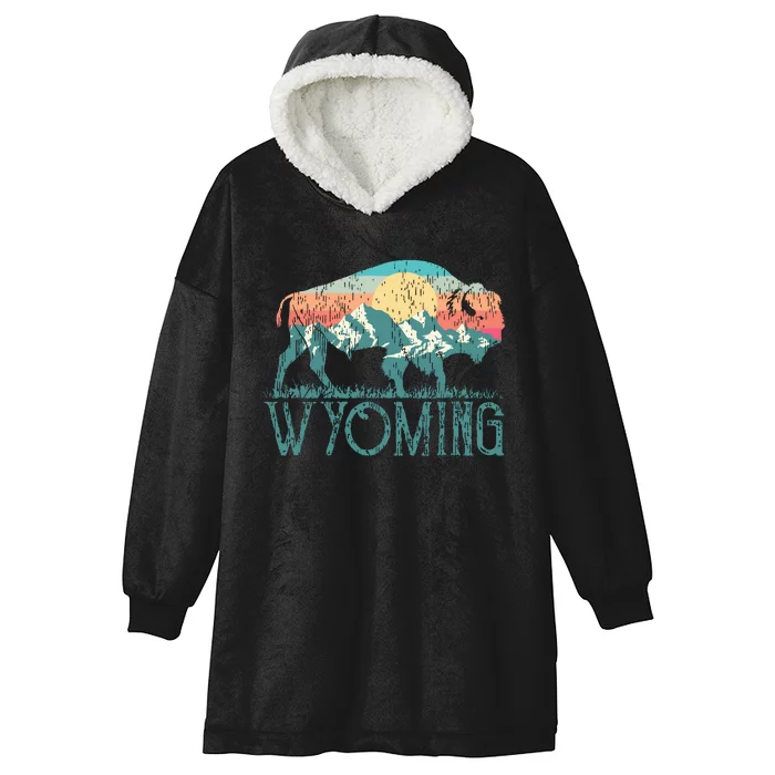 Bison Buffalo Retro Wyoming Wy Mountains Retro Hooded Wearable Blanket