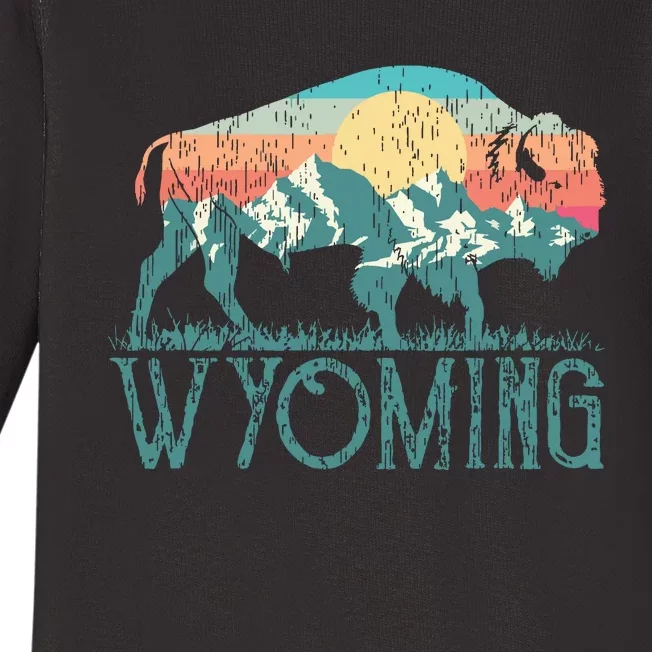 Bison Buffalo Retro Wyoming Wy Mountains Retro Baby Long Sleeve Bodysuit