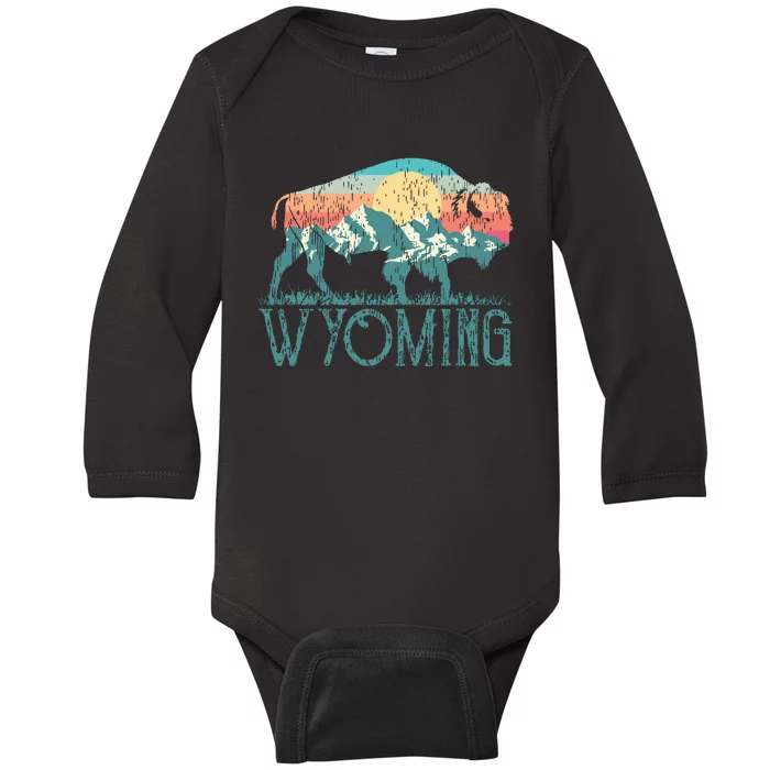 Bison Buffalo Retro Wyoming Wy Mountains Retro Baby Long Sleeve Bodysuit