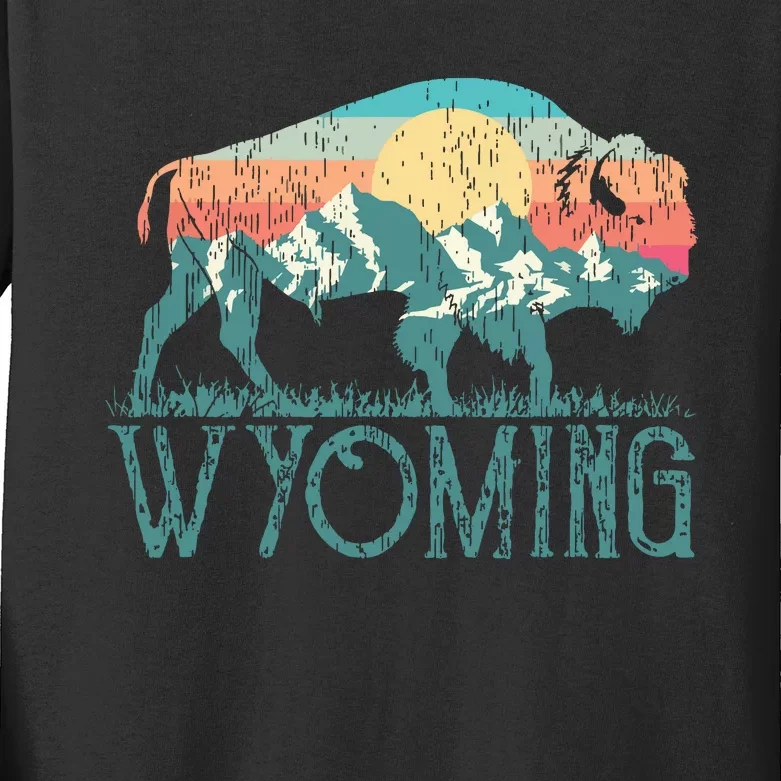 Bison Buffalo Retro Wyoming Wy Mountains Retro Kids Long Sleeve Shirt