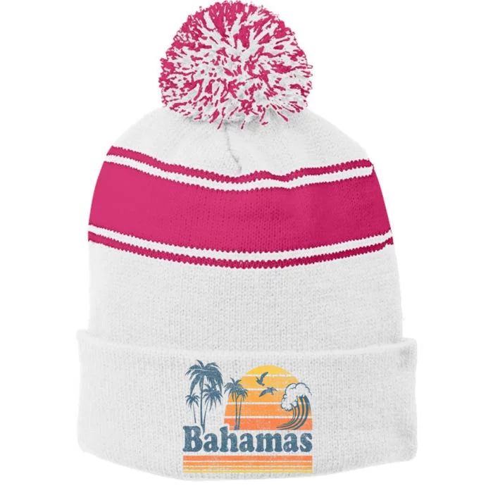 Bahamas Beach Summer Vacation Sunset Vintage 70S Retro Stripe Pom Pom Beanie