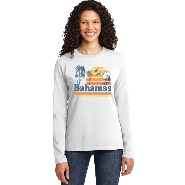 Bahamas Beach Summer Vacation Sunset Vintage 70S Retro Ladies Long Sleeve Shirt