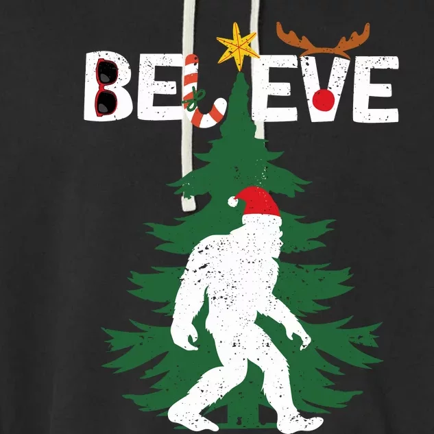 Believe Bigfoot Sasquatch Yeti Santa Hat Christmas Pajamas Garment-Dyed Fleece Hoodie