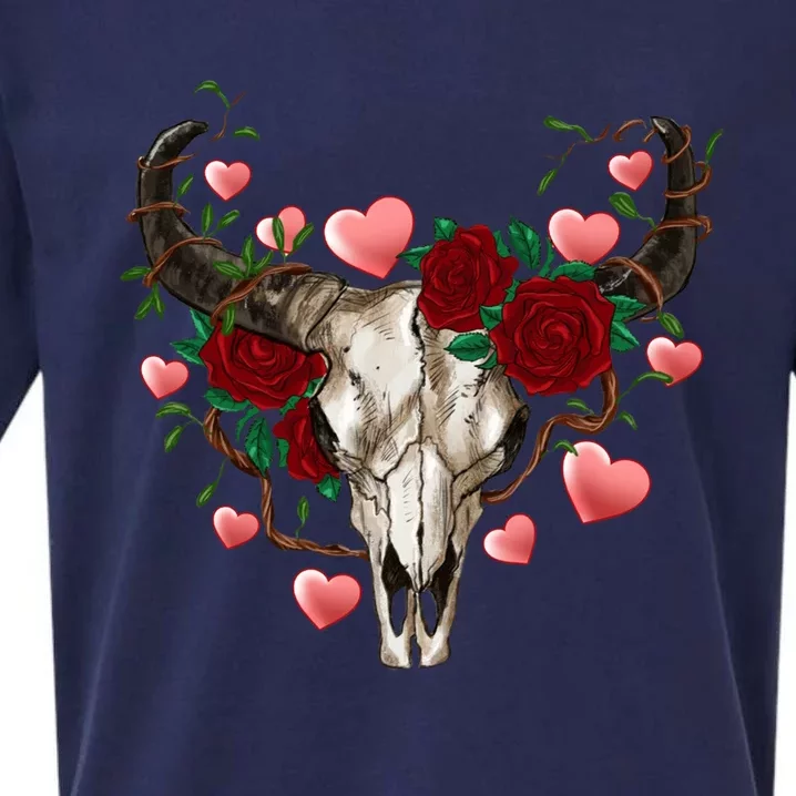 Boho Bull Skull Roses Heart Western Country Valentines Day Meaningful Gift Sueded Cloud Jersey T-Shirt