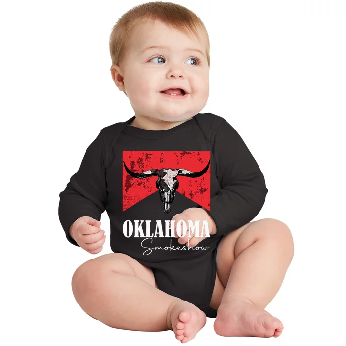 Boho Bull Skull Cow  Oklahoma Smokeshow Western Country Baby Long Sleeve Bodysuit