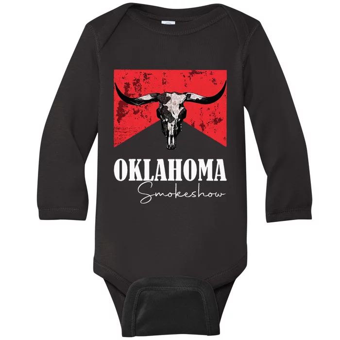 Boho Bull Skull Cow  Oklahoma Smokeshow Western Country Baby Long Sleeve Bodysuit