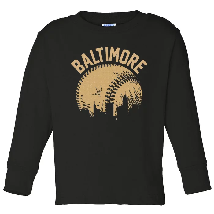 Baltimore Baseball Skyline Maryland Player Coach Fan Toddler Long Sleeve Shirt