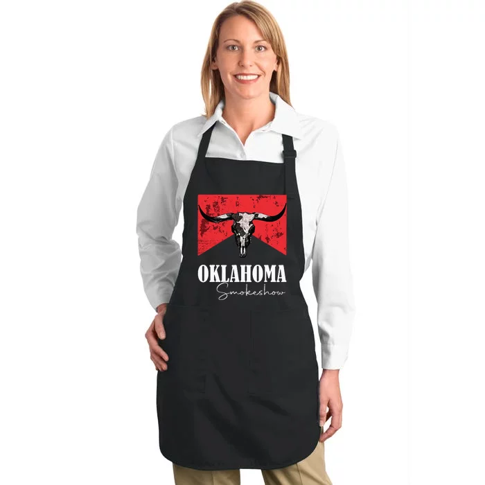 Boho Bull Skull Cow Oklahoma Smokeshow Western Country Full-Length Apron With Pocket