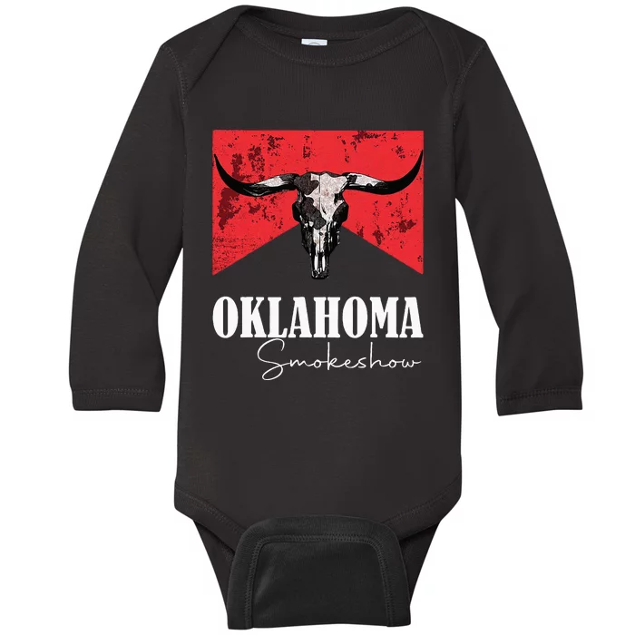 Boho Bull Skull Cow Oklahoma Smokeshow Western Country Baby Long Sleeve Bodysuit