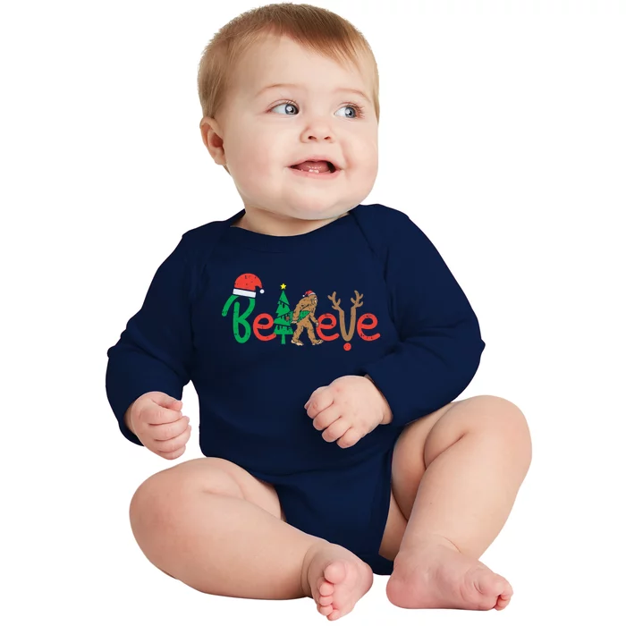 Believe Bigfoot Sasquatch Santa Reindeer Christmas Tree Gift Great Gift Baby Long Sleeve Bodysuit