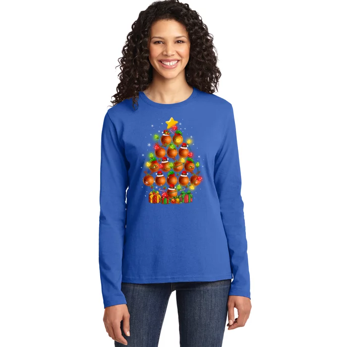 Basketball Balls Santa Claus And Elf Hat Christmas Tree Lights Gift Ladies Long Sleeve Shirt