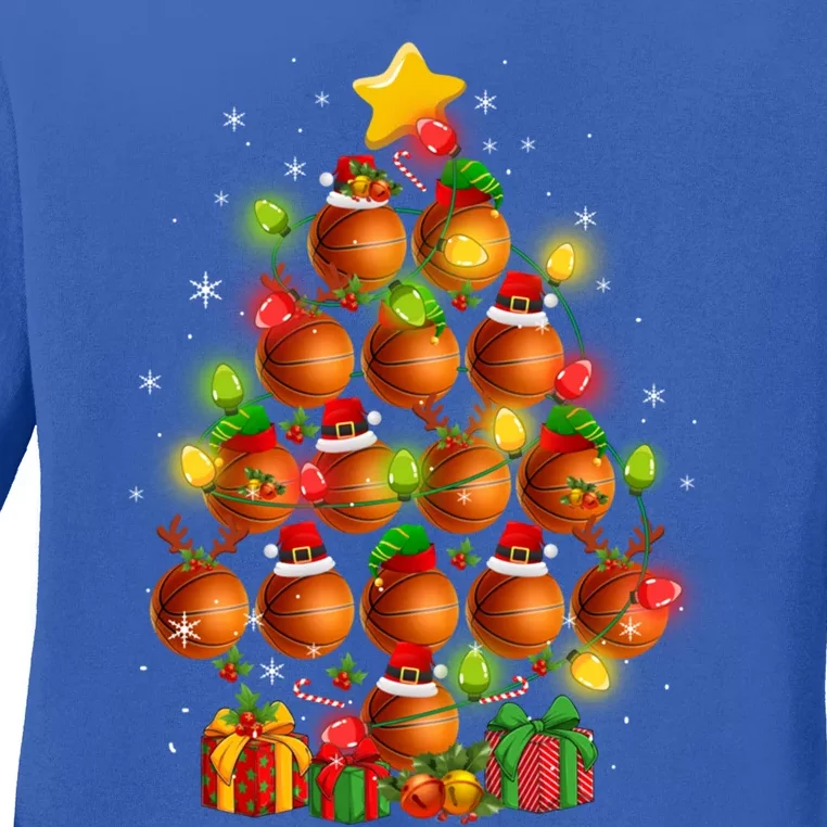 Basketball Balls Santa Claus And Elf Hat Christmas Tree Lights Gift Ladies Long Sleeve Shirt