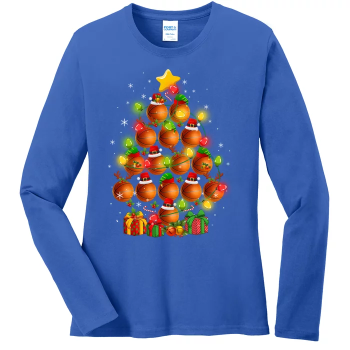 Basketball Balls Santa Claus And Elf Hat Christmas Tree Lights Gift Ladies Long Sleeve Shirt