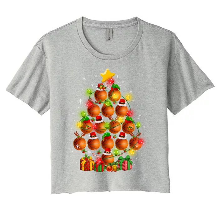 Basketball Balls Santa Claus And Elf Hat Christmas Tree Lights Gift Women's Crop Top Tee