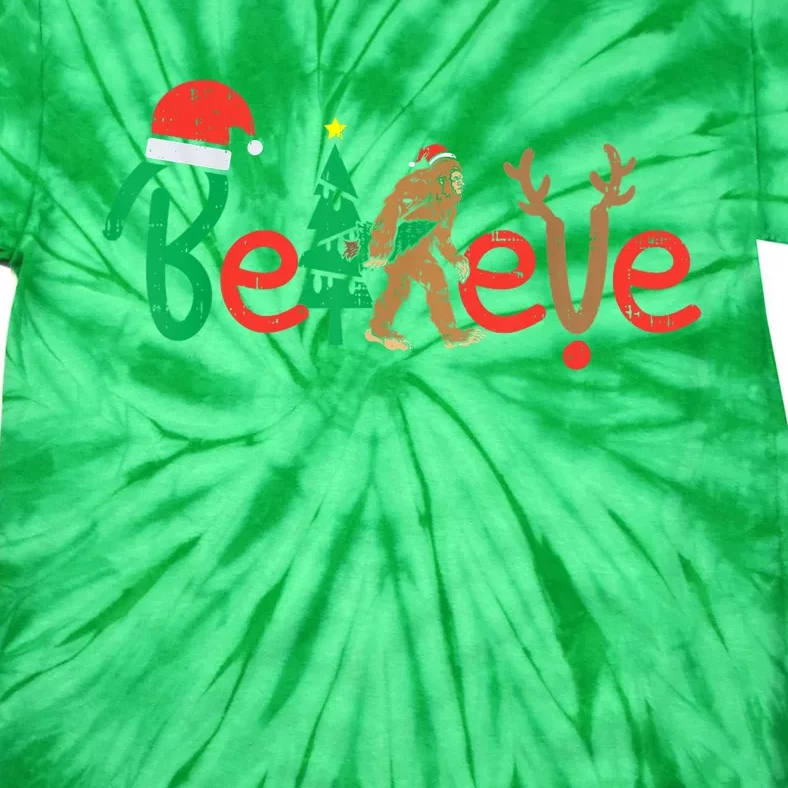 Believe Bigfoot Sasquatch Santa Reindeer Christmas Tree Tie-Dye T-Shirt