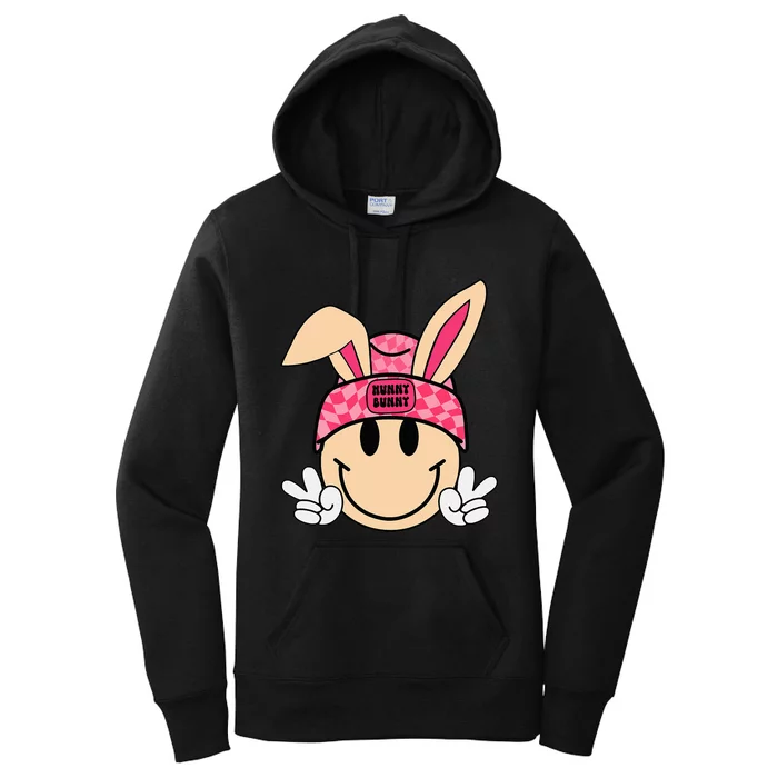 Bunny Beanie Smile Face Groovy Easter Women's Pullover Hoodie