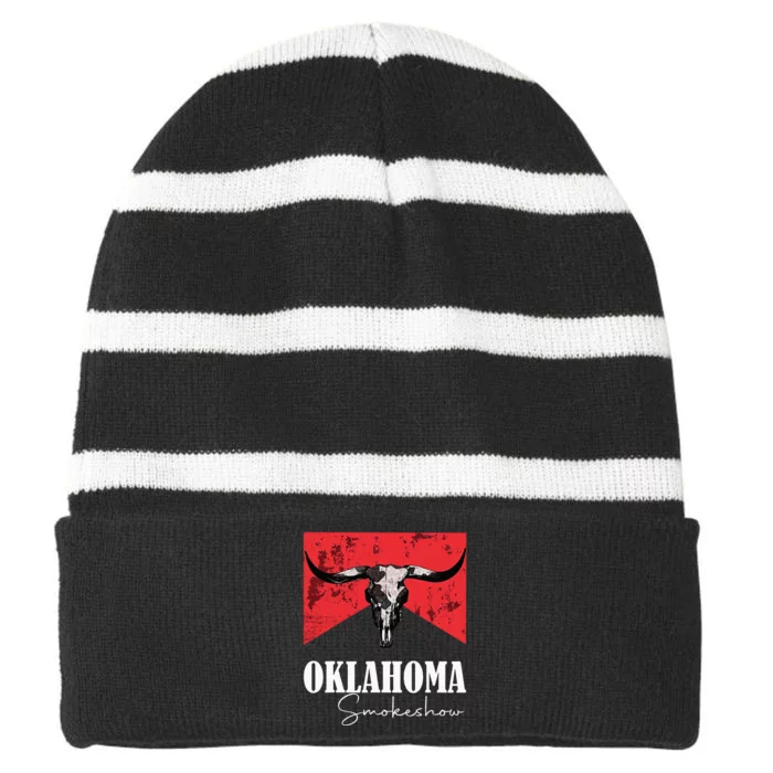 Boho Bull Skull Cow Oklahoma Smokeshow Western Countr Striped Beanie with Solid Band