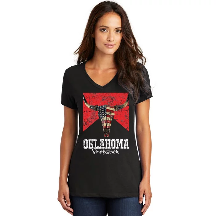 Boho Bull Skull Cow Oklahoma Smokeshow Western Country Women's V-Neck T-Shirt