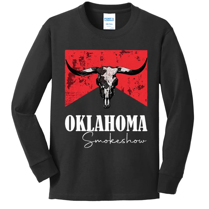 Boho Bull Skull Cow Oklahoma Smokeshow Western Country Kids Long Sleeve Shirt