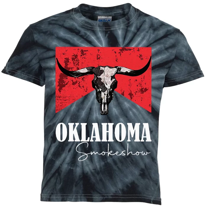 Boho Bull Skull Cow Oklahoma Smokeshow Western Country Kids Tie-Dye T-Shirt