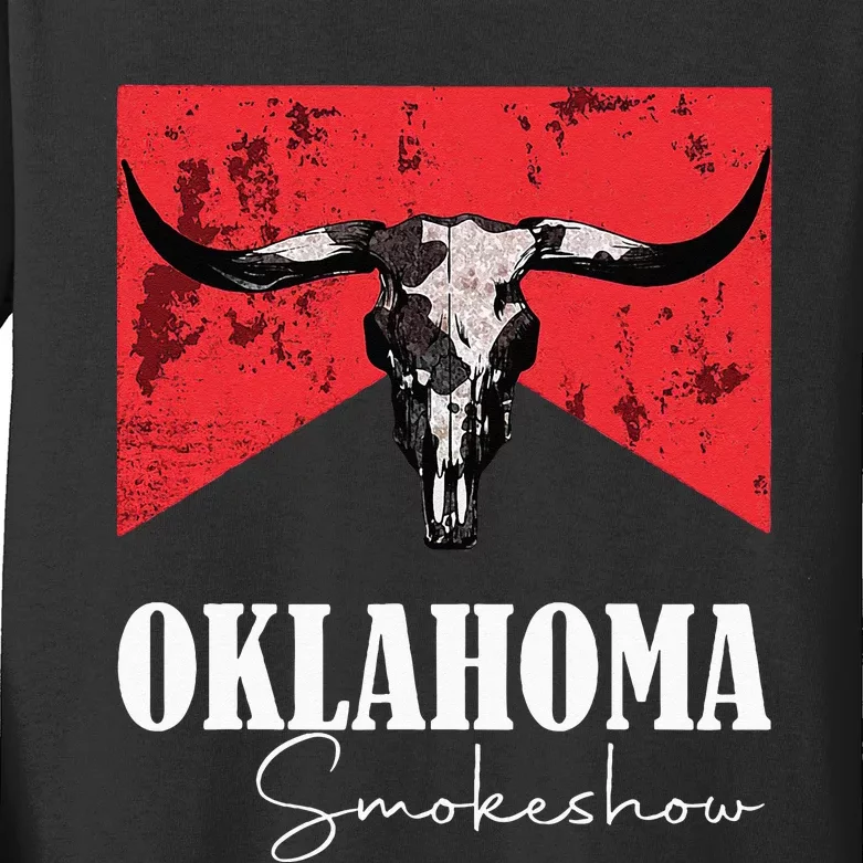 Boho Bull Skull Cow Oklahoma Smokeshow Western Country Kids Long Sleeve Shirt