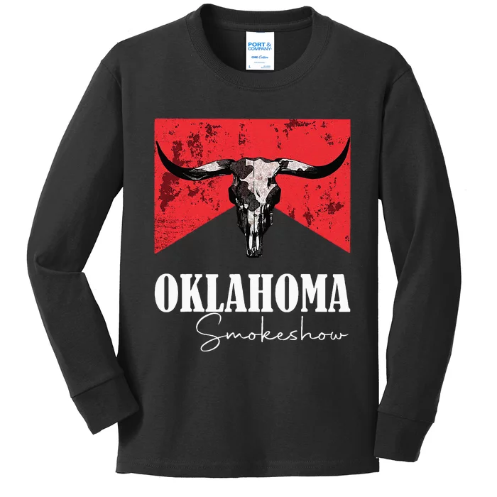 Boho Bull Skull Cow Oklahoma Smokeshow Western Country Kids Long Sleeve Shirt