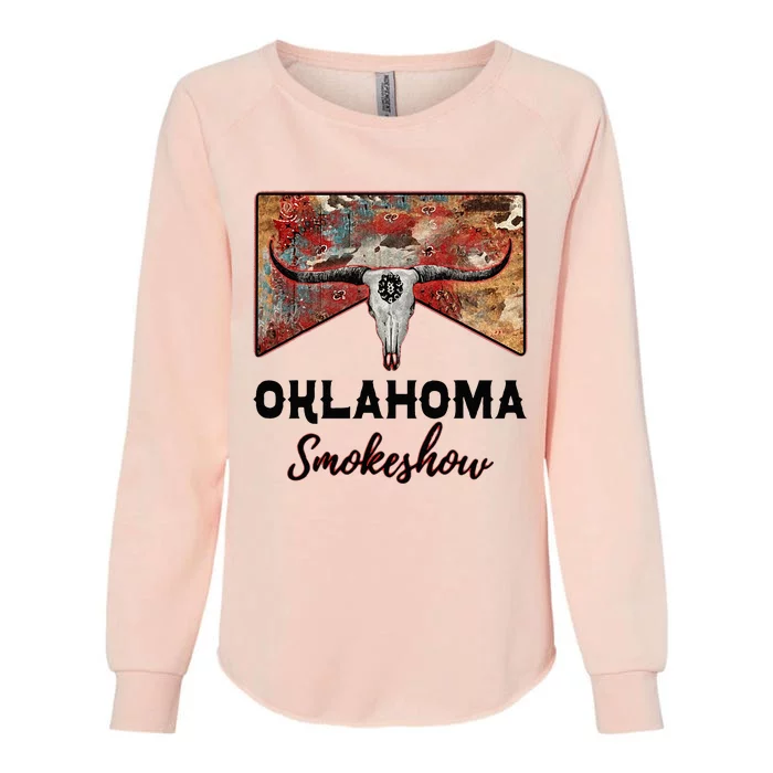 Boho Bull Skull Cow Print Oklahoma Smokeshow Western Country Womens California Wash Sweatshirt