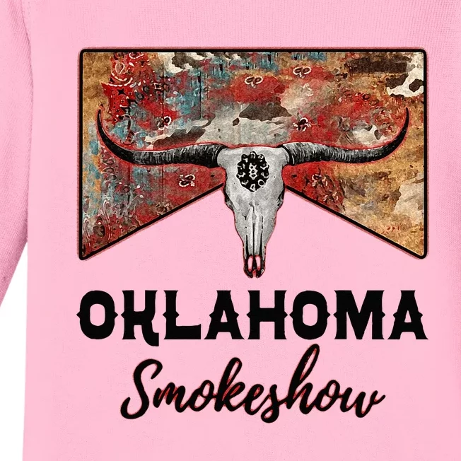 Boho Bull Skull Cow Print Oklahoma Smokeshow Western Country Baby Long Sleeve Bodysuit