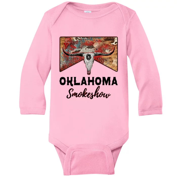 Boho Bull Skull Cow Print Oklahoma Smokeshow Western Country Baby Long Sleeve Bodysuit