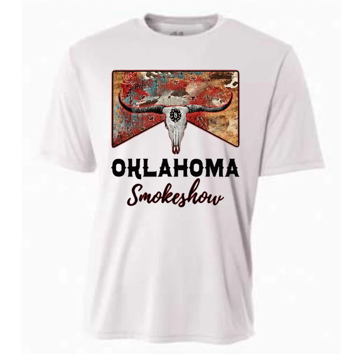 Boho Bull Skull Cow Print Oklahoma Smokeshow Western Country Cooling Performance Crew T-Shirt