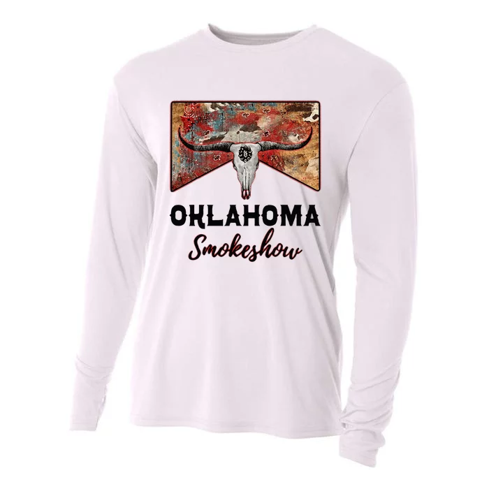 Boho Bull Skull Cow Print Oklahoma Smokeshow Western Country Cooling Performance Long Sleeve Crew