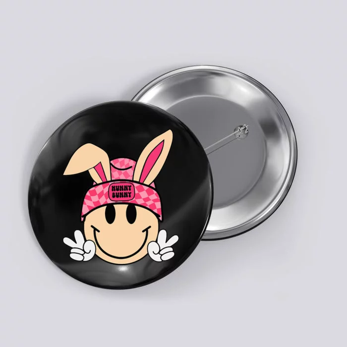 Bunny Beanie Smile Face Groovy Easter Button