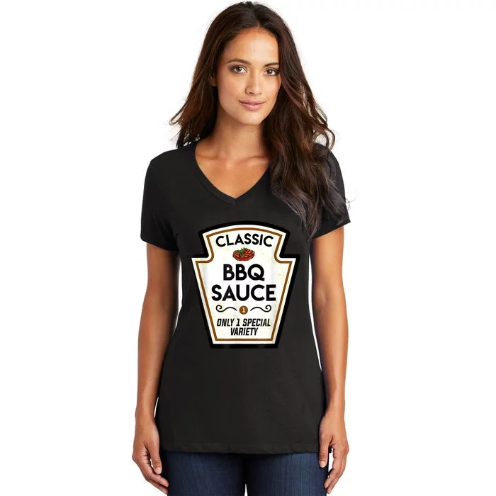 Barbecue BBQ Sauce Bottle Label Halloween Matching Costume Women's V-Neck T-Shirt