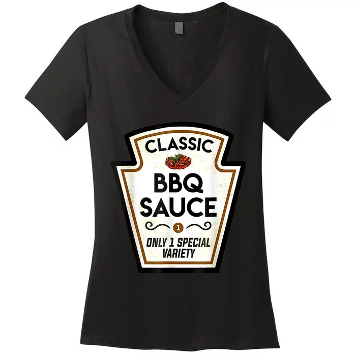 Barbecue BBQ Sauce Bottle Label Halloween Matching Costume Women's V-Neck T-Shirt