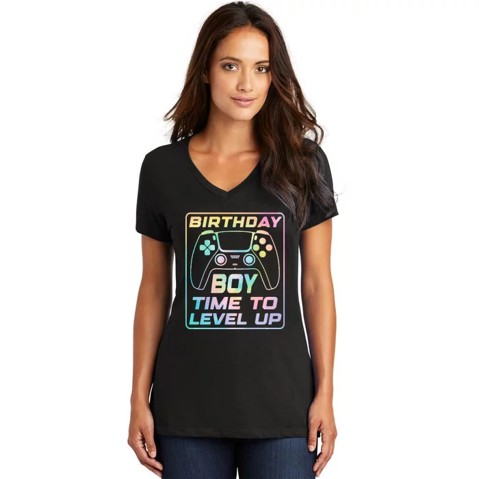 Birthday Boy Time To Level Up Funny Birthday Gamer Women's V-Neck T-Shirt