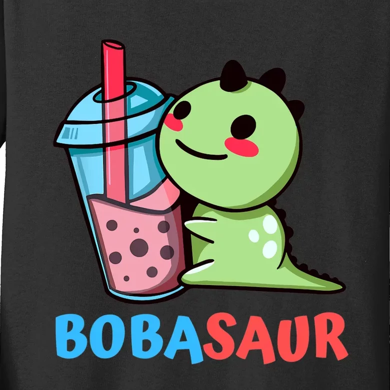 Bobasaur Bubble Tea Boba Dinosaur Kawaii Cute Dino Pun Kids Long Sleeve Shirt