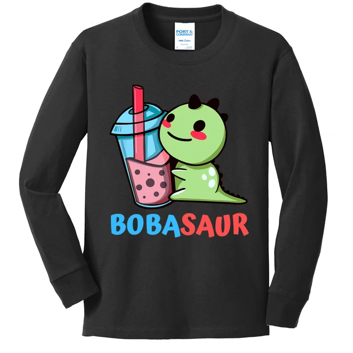 Bobasaur Bubble Tea Boba Dinosaur Kawaii Cute Dino Pun Kids Long Sleeve Shirt