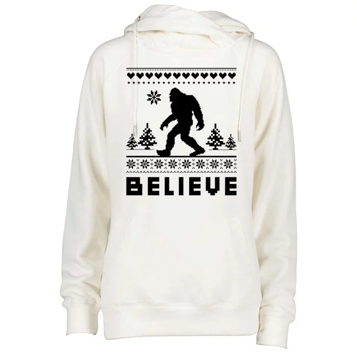 Bigfoot Believe Ugly Christmas Sweater Sasquatch Womens Funnel Neck Pullover Hood