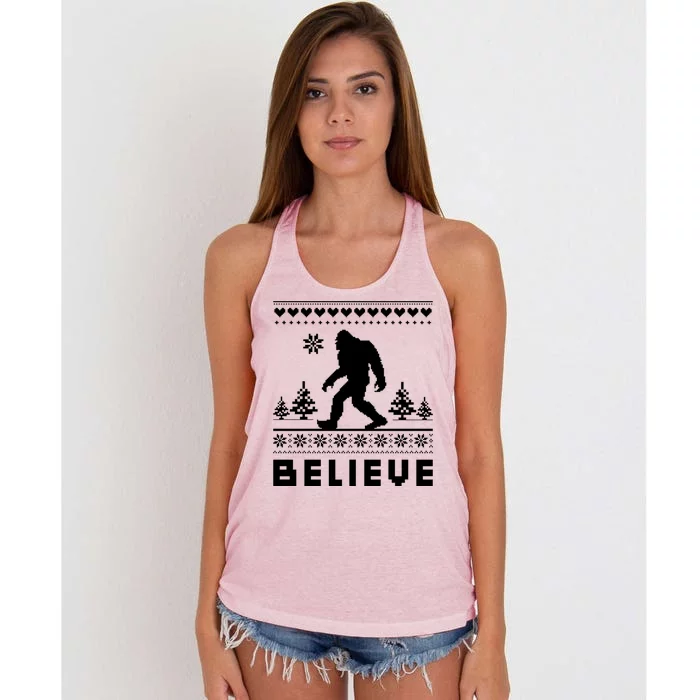 Bigfoot Believe Ugly Christmas Sweater Sasquatch Women's Knotted Racerback Tank