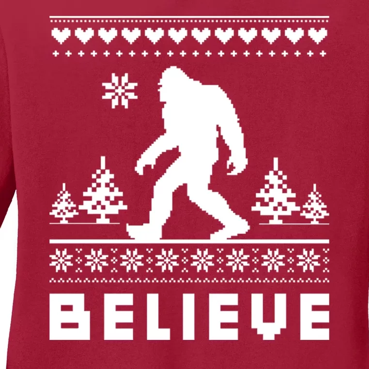 Bigfoot Believe Ugly Christmas Sweater Sasquatch Ladies Long Sleeve Shirt